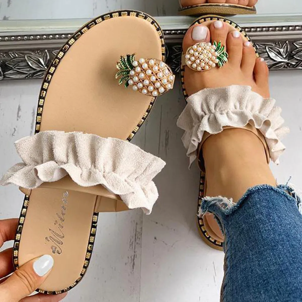 Girls Pearl Flat Slippers Shoes Woman New Arrival Bohemian Style Beach Classics Non-slip Kapcie Тапочки | Обувь