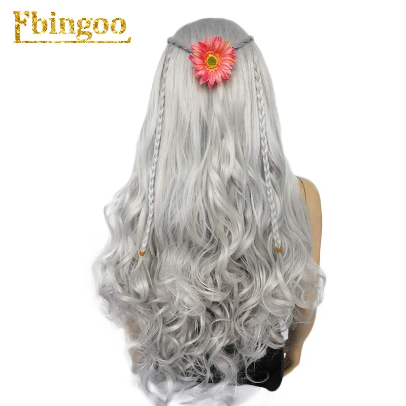 Ebingoo High Temperature Fiber Long Body Wave Silver Grey Synthetic Lace Front Wig for Women Girls Free Part
