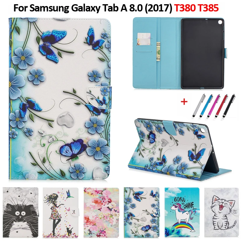Для Samsung Galaxy Tab A 8,0 sm-t380 T385 Чехол Флип Кот Цветок чехол-подставка, петля для Galaxy Tab A 8 T380 чехол Funda