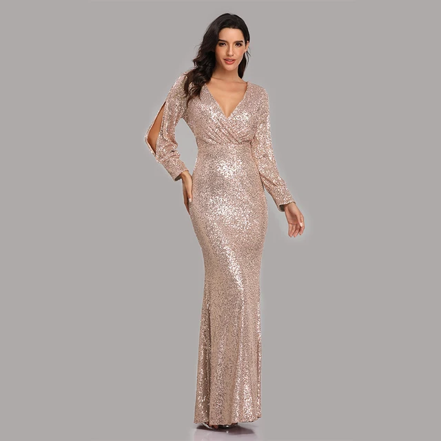 Sexy V-neck Mermaid Evening Dress Long Formal Prom Party Gown Full Sequins long Sleeve Galadress Vestidos Women Dresses 2021 Champagne Gold