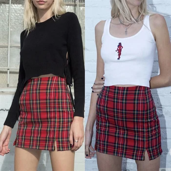 

Streetwear Women A-line Skirt Red Tartan Skirts Slit Sexy plaid Vintage Fashion High Waist Mini skirts womens 2020 new Casual
