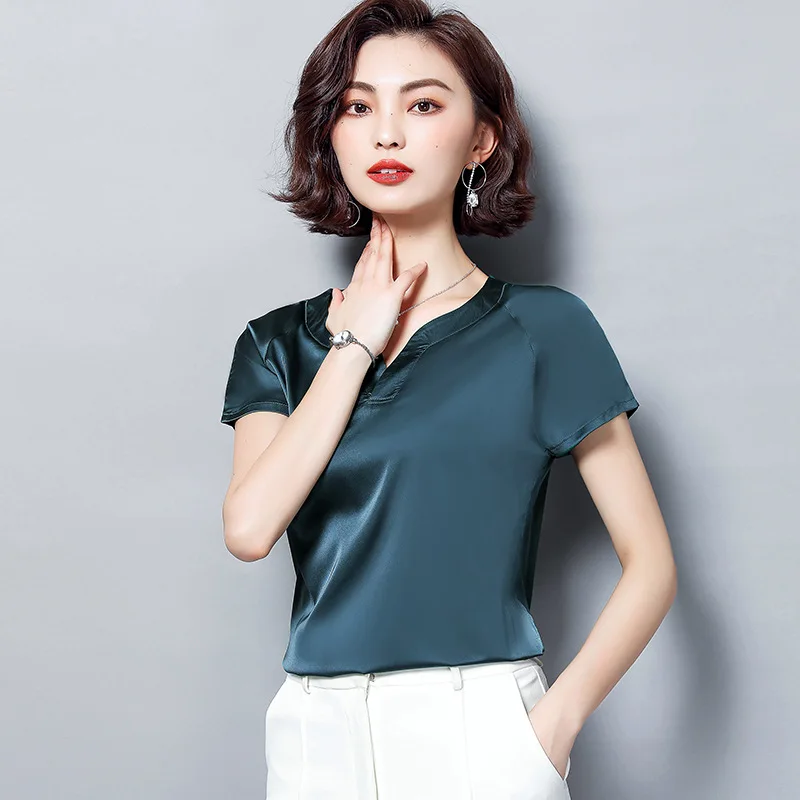 

T-shirt WOMEN'S Dress 2019 Summer Origional Heavyweight Silk V-neck Short Sleeve Satin Loose And Plus-sized Base Shirt Tops T-sh