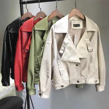 

Woman Large Turn-lapel Loose PU Leather Jacket Female Autumn Winter New Locomotive Leather Jackets Ladies Short Slim Coat