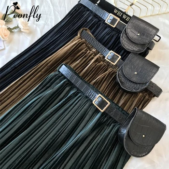 

PEONFLY Fashion 2019 Fall Winter Warm Velvet Pleated Skirt Women With Belt Korean A Line High Waist Midi Long Skirt Female