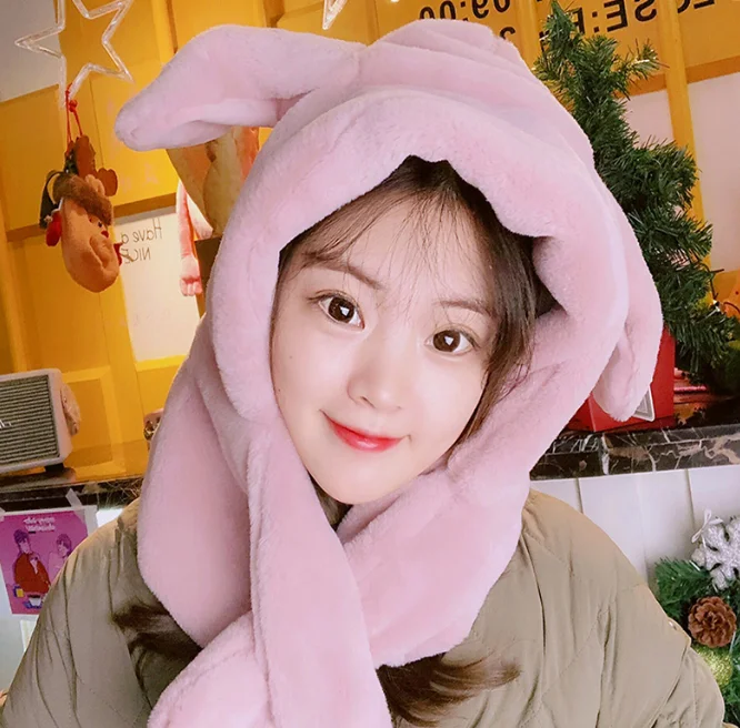 Autumn and winter leisure new cute headgear plush movable rabbit ears cap scarf multi-functional all-in-one hat J06