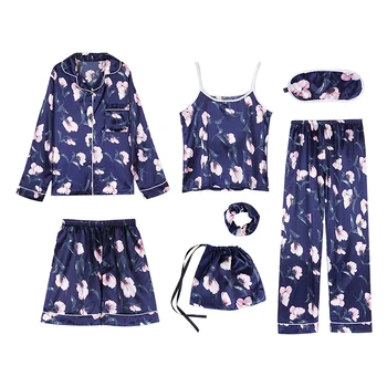 

7 Pcs/Set Women Casual Pyjama Set Spring Sexy Long Sleev Ice Silk Sling Homewear Sets