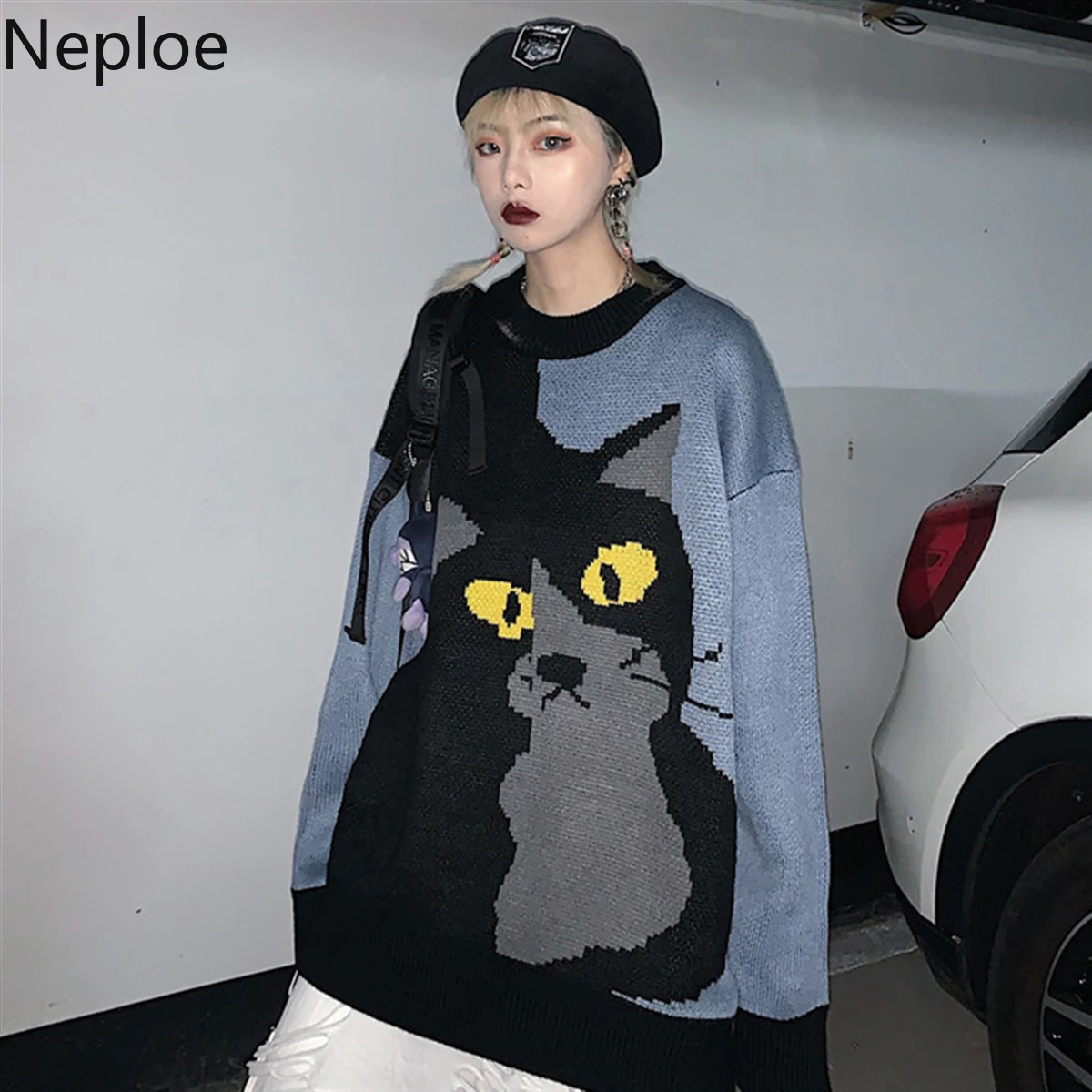 Neploe в ретро-стиле с рисунком кота из мультфильма жаккардовый пуловер, свитер Для женщин Для мужчин свободные вязаные Джемперы в Корейском стиле, куртка с длинными рукавами и Pull Femme 80272