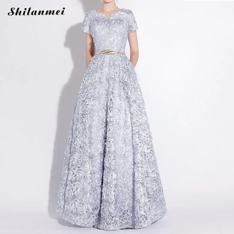 Shining Evening Party Dress Women Short Sleeve Floor-Length Elegant Dresses Ball Gowns Dresses Vintage Runway Dress Vestidos