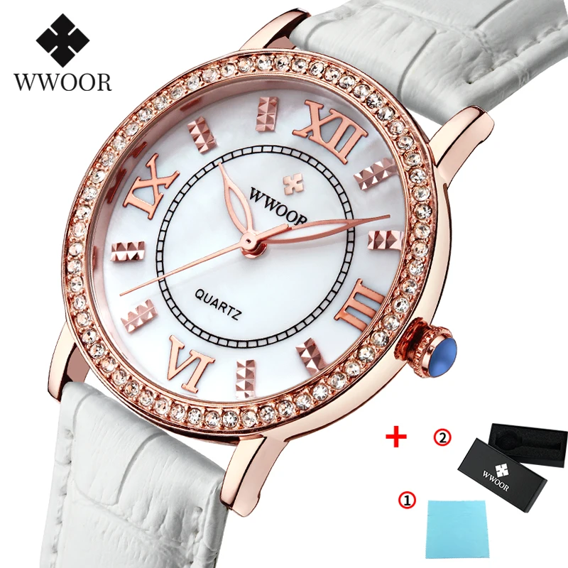 Gold White WWOOR, бренд, Роскошные Кварцевые часы для женщин, розовые бриллианты, платье, женские часы-браслет, красный ремешок из натуральной кожи, наручные часы для женщин - Цвет: Gold White