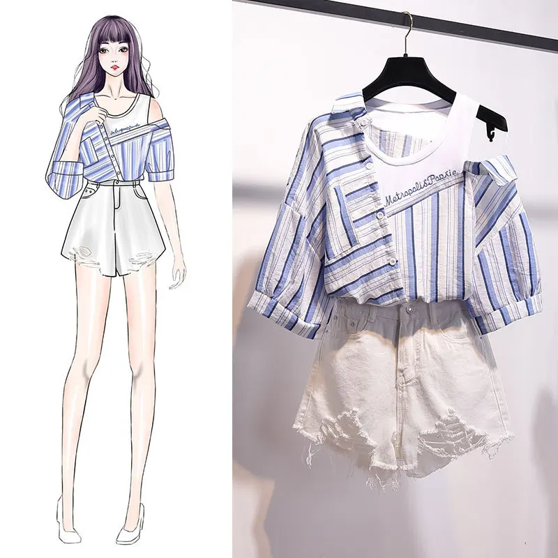 

WOMEN'S Suit Korean-style New Style Students Cool off-Shoulder Stripes Joint Shirt with Holes Denim Shorts Two-Piece Set