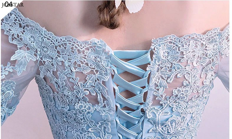 Sukienka druhna new OFF shoulder lace satin half sleeve A Line sky blue bridesmaid dress long women dress for wedding party vest