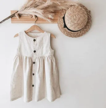 

Baby Girls Coton Linen Button Dress Children Khaki Color Holiday Party Summer Clothes Wholesale