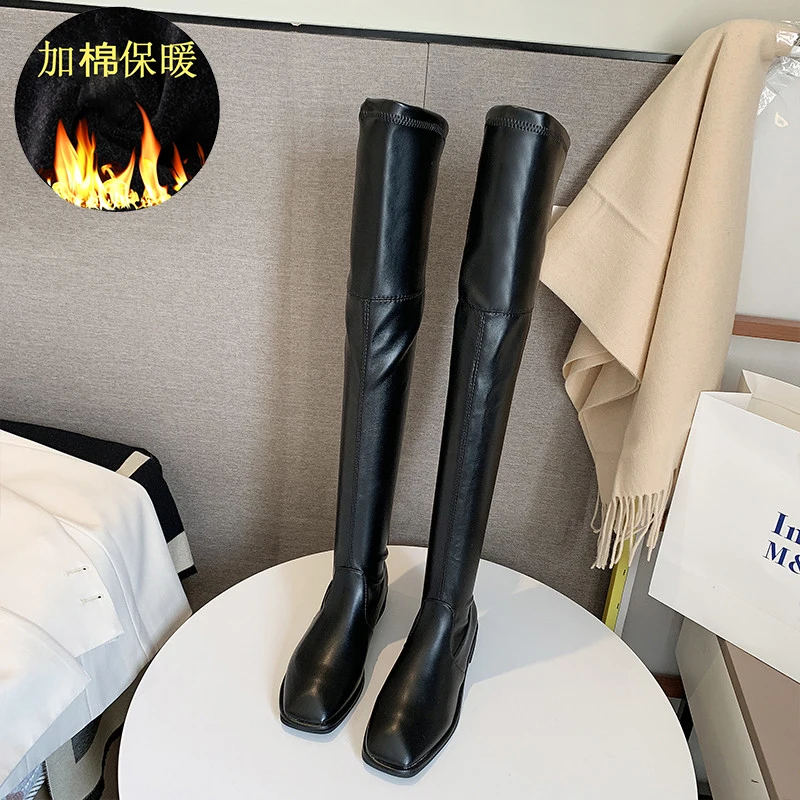 black pu cotton Однотонные облегающие высокие сапоги до бедра на плоской подошве; женская теплая обувь; Зимние ботфорты выше колена с квадратным носком; botas; эластичные ковбойские сапоги; пикантная обувь - Цвет: black pu cotton