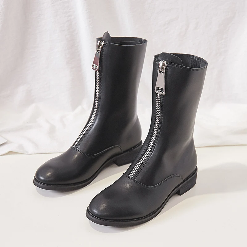 

Booties female 2019 spring and autumn new fashion casual net red wild front zipper Martin boots British fan car women's boots