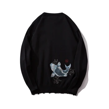 

Large Size Japanese Brocade Embroidery Mens Sweaters Hole Hem Pullover Loose Casual Chompas Para Hombre Crew Neck Wool Sweaters