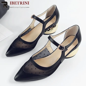 

RIBETRINI Female Summer Ol Genuine Leather Shoes Woman Elegant Patchwork Mesh Sandals Women Cool Pointed Toe Med Heels Sandals