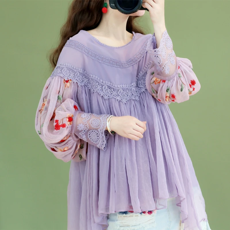 Original Design AIGYPTOS Spring Women Sweet Elegant Purple Blouses Ladies Vintage Embroidery Lantern Sleeve Lace Chiffon Shirts | Женская