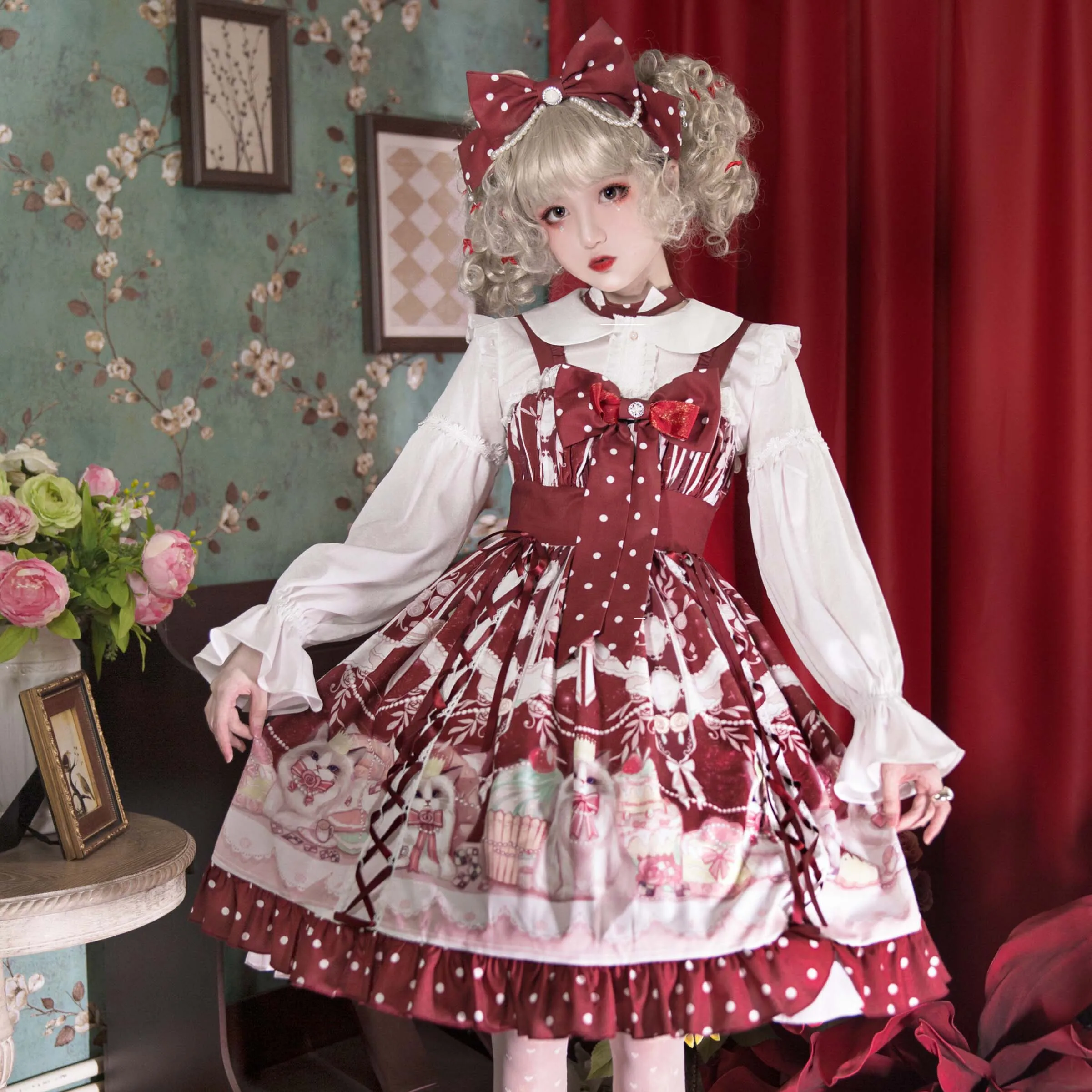 

Japanese tea party sweet lolita dress retro lace bowknot high waist cute printing victorian dress kawaii girl gothic lolita jsk