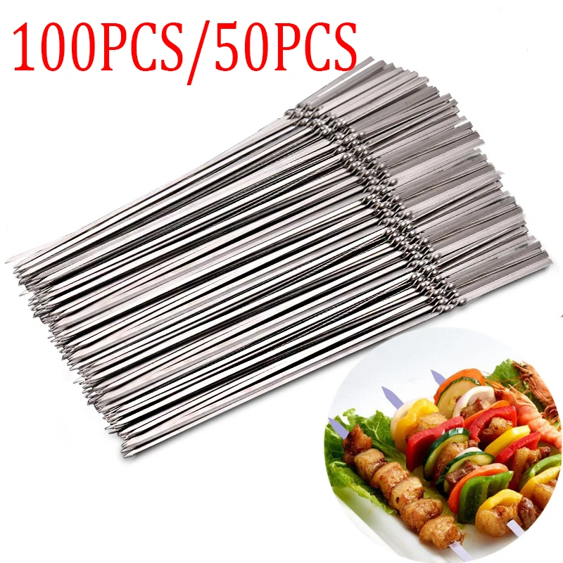 100pcs/50pcs Reusable Flat Stainless Steel Barbecue Skewers Bbq Needle Stick for Outdoor Camping Picnic Tools Cooking Tools