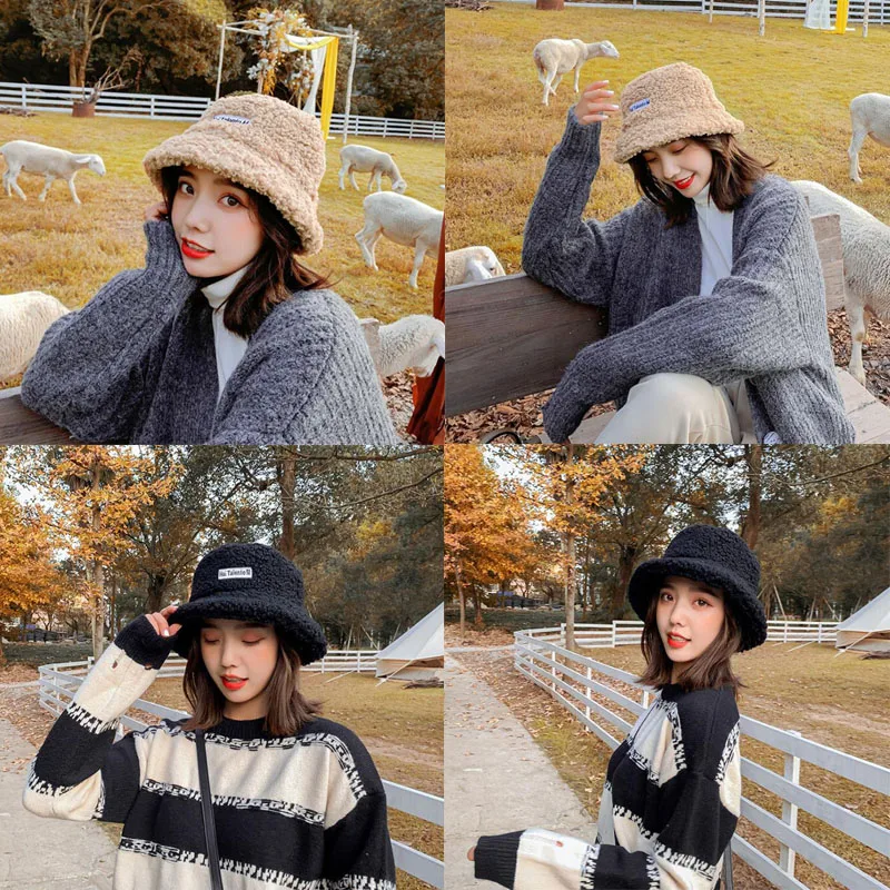 Fashion Winter Hat for Women Fur Bucket Warm Caps Letter Panama Black White Vintage Fisherman bucket Hats шапка женская