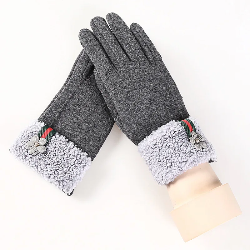 013F-gray Женские модные теплые хлопковые перчатки для сенсорного экрана перчатки женские зимние перчатки Цветочные кружевные варежки с бантом - Цвет: 013F-gray