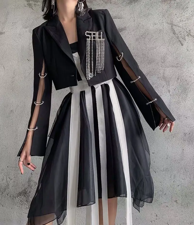 High Street Boutique женские короткие блейзеры роскошные бриллианты куртки с кисточками дизайнерские открытые рукава индивидуальные женские костюмы для вечеринки