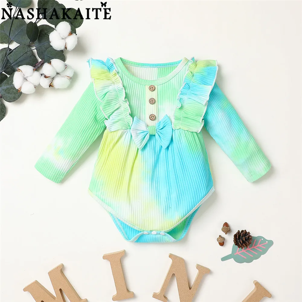 

NASHAKAITE Ruffle Romper Baby Girl Long Sleeve Bodysuit For Newborns Clothes Tie Dye Baby Girl Romper Infant Clothing