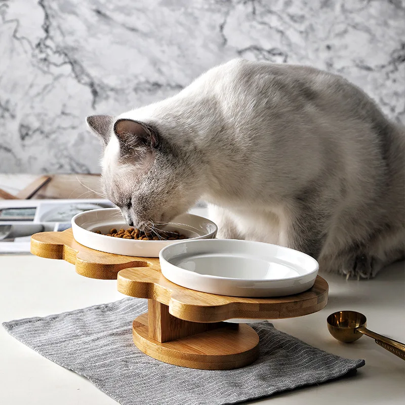 Новая высококачественная миска для домашних животных, Бамбуковая полка, керамические миски для кормления и питья для собак, кошек, двойные миски, аксессуары для домашних животных