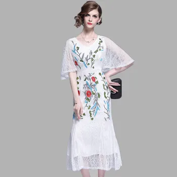 

Summer Embroidery Dress Women V Neck Flare Sleeve Ruffles Fishtail Long Vestidos Elegant Party Slim Hollow Out Lace Dress K862