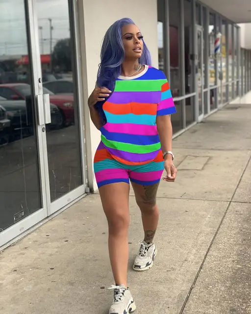 Rainbow Striped Plus Size Two Piece Set 