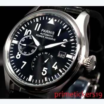 

47mm parnis black dial power reserve date indicator automatic movement mens watch P98