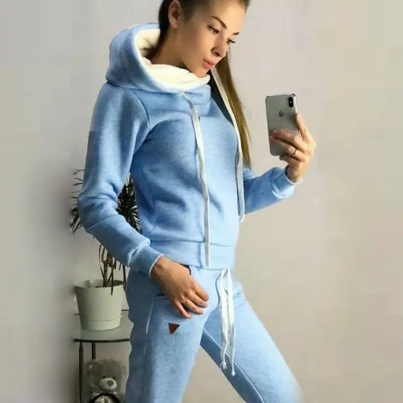 chandal mujer Повседневные Женский комплект 2 шт., толстовки, штаны, комплект одежды, Осень-зима, теплый спортивный костюм, Одноцветный Женский комплект, топ, штаны, женский костюм - Цвет: chandal mujer