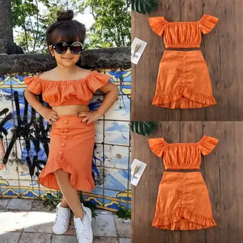 

CANIS Summer Kids Baby Girls Off Shoulder Solid Color Crop T-shirt Tops Ruffles Button Skirt Outfit Clothes