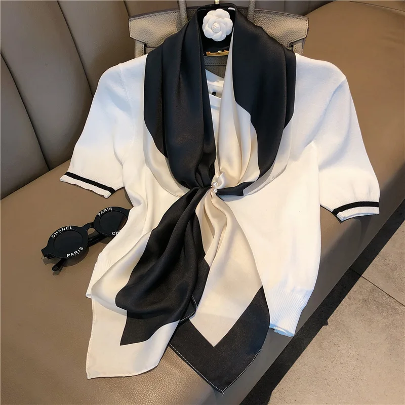 Color small fresh silk scarf female Korean version of the temperament literature hundred tied inthe small scarf 90cm - Цвет: Rice white and black