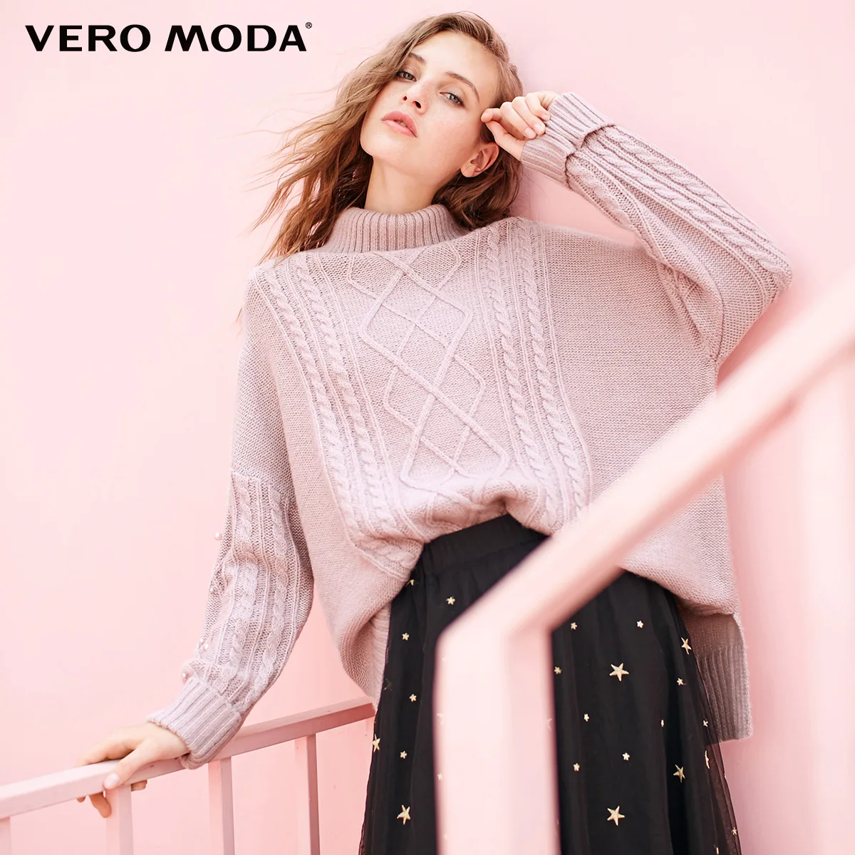 Vero Moda Женский пуловер с высоким воротником Свободный витой с открытыми плечами вязаный свитер | 318313502