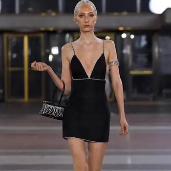 

2019 Mini Dress Sexy Fashion Backless Diamonds V Neck Women Spaghetti Strap Sleeveless Night Club Body con Dresses Wholesale