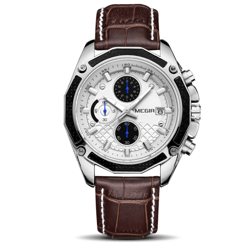 MEGIR, оригинальные мужские кварцевые часы, Топ бренд, военные часы, многофункциональные, хронограф, кожа, спортивные часы, Relogio Feminino - Цвет: White