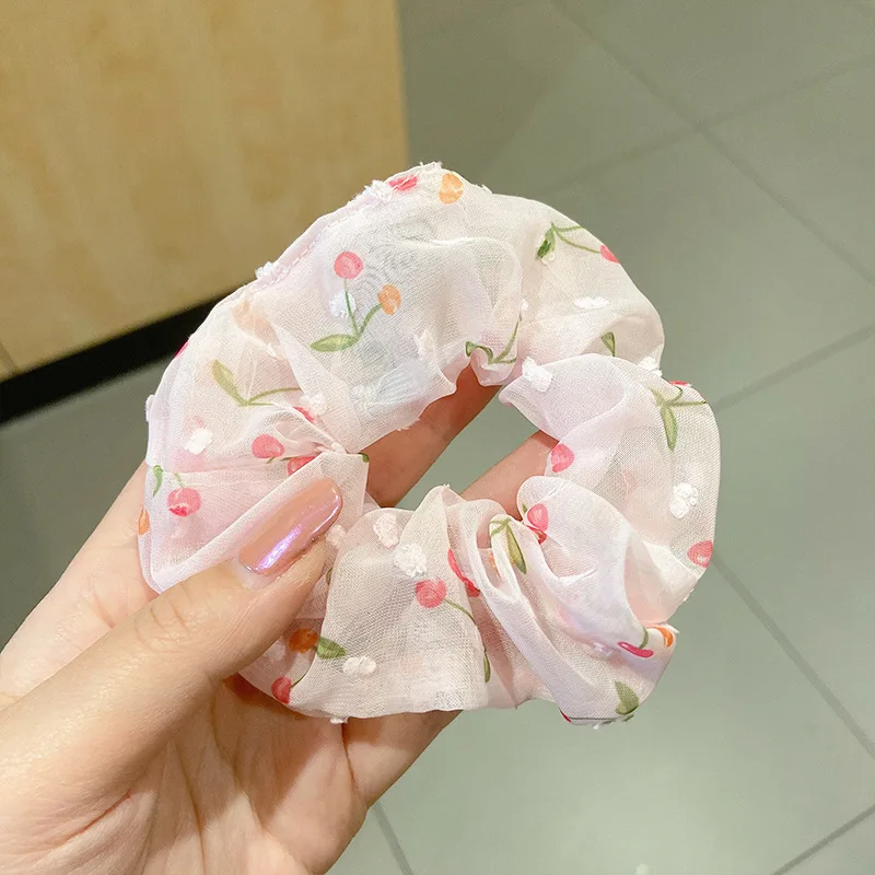 crocodile hair clips Organza Silk Dream White Scrunchies Ponytail Holder Lady Large Hair Ring Luxury Hair Accessories Embroidery Cherry Hair Circle korean hair clips