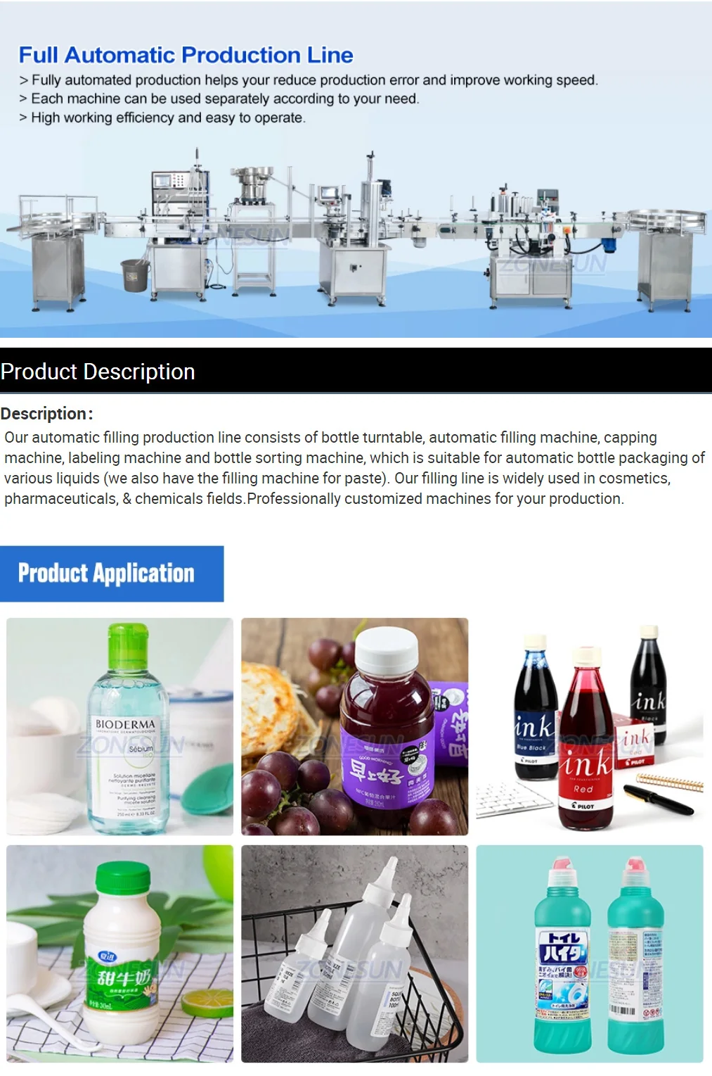 ZONESUN ZS-FAL180P3 Custom Full Automatic Production Line Liquid Oil Vial Filling Vibratory Cap Feeder Capping Labeling Machine