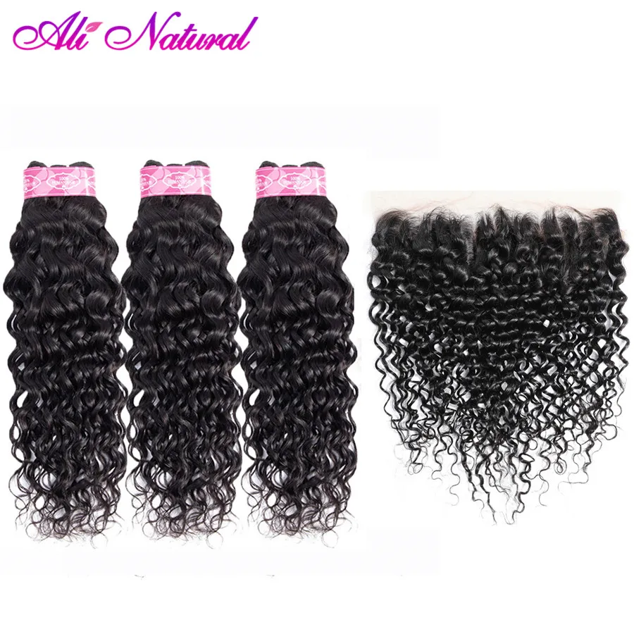 

Brazilian Water Wave Hair Bundles With Lace Frontal Natural Black 100% Human Hair 3 Bundles Remy Hair