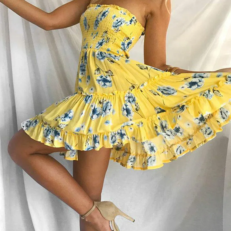 Fashion Sexy Bra Dress Women Lemon Flower Print Backless Sleeveless Boho Mini 2020 New Ruffles Beach Party Dresses | Женская одежда