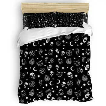 

4 Piece Bedding Set Halloween Black Witch Skull Duvet Cover Set with Pillowcase Sheet Kids Adult Bedclothes