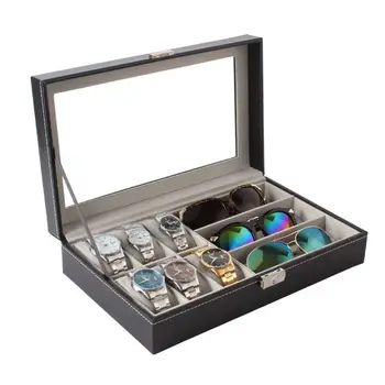 

6 Slot Men Watch Glasses Box Leather Display Case Organizer Jewelry Storage Box