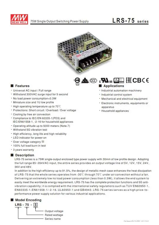 Бренд MEAN WELL представляет LRS-35 50 75 100 W 3,3 V 5V 12V 15V 24V 36V 48 V meanwell LRS-100 3,3 до 5 лет, 12 предметов в упаковке 15 24 36 48 V 100 W импульсный источник Питание