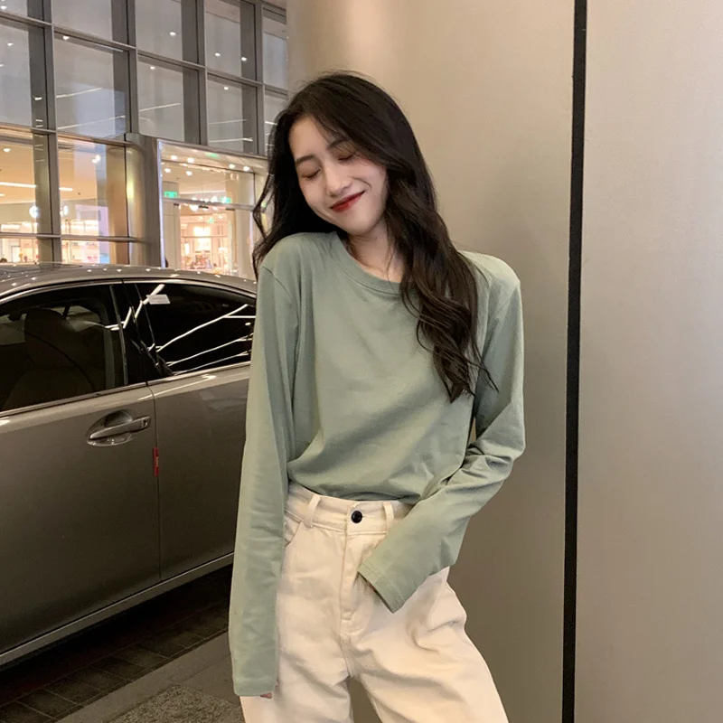 Long Sleeve T-shirt Bottomed Blouse Women's Early Spring And Autumn Thin Section With Clothes 2021 New Versatile Green | Женская