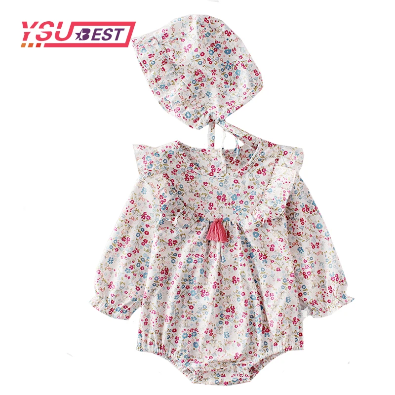2020 Spring Baby Girl Bodysuits 0-3Yrs Girl's Flowers Tassel Long Sleeve Cotton One-piece Clothes + Hat Twin | Мать и ребенок