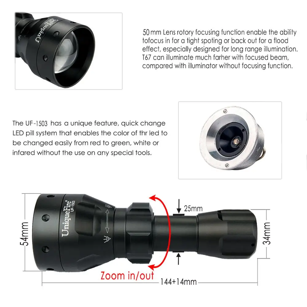  UniqueFire 1503 XPE Green/Red/White Light LED Flashlight 50mm Convex Lens T50 Zoomable Torch 3 Mode - 32362959694