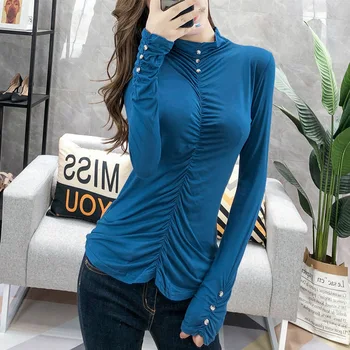 

Ladies solid color high neck button long sleeve slim cotton T-shirt red