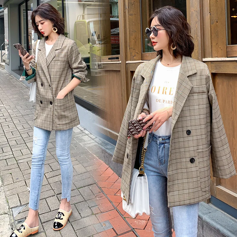 

Coat Women's 2019 Autumn New Style Loose-Fit Versatile Contrast Color Plaid Suit British-Style Casual Suit INS Fashion