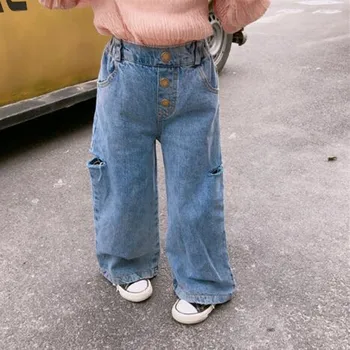 

2019 Fashion Autumn Baby Girls Ripped Jeans Children Kids Denim Pants Korean Style Girls Wide Leg Pants Kids Fashion Clothes